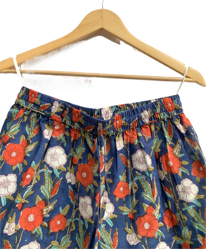 Blue Floral Printed Top and Shorts Set for Women, Smocked Puff Sleeve Cotton Lounge Set with Pockets