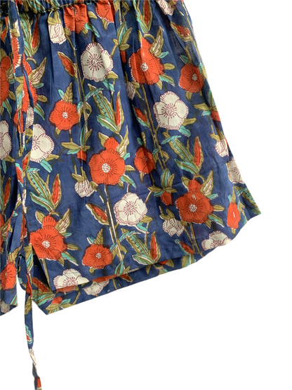 Blue Floral Printed Top and Shorts Set for Women, Smocked Puff Sleeve Cotton Lounge Set with Pockets
