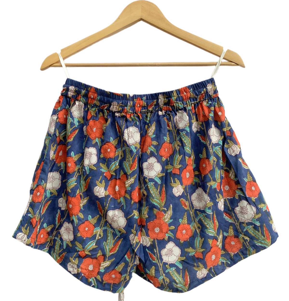 Blue Floral Printed Top and Shorts Set for Women, Smocked Puff Sleeve Cotton Lounge Set with Pockets