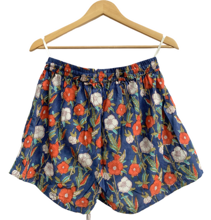 Blue Floral Printed Top and Shorts Set for Women, Smocked Puff Sleeve Cotton Lounge Set with Pockets