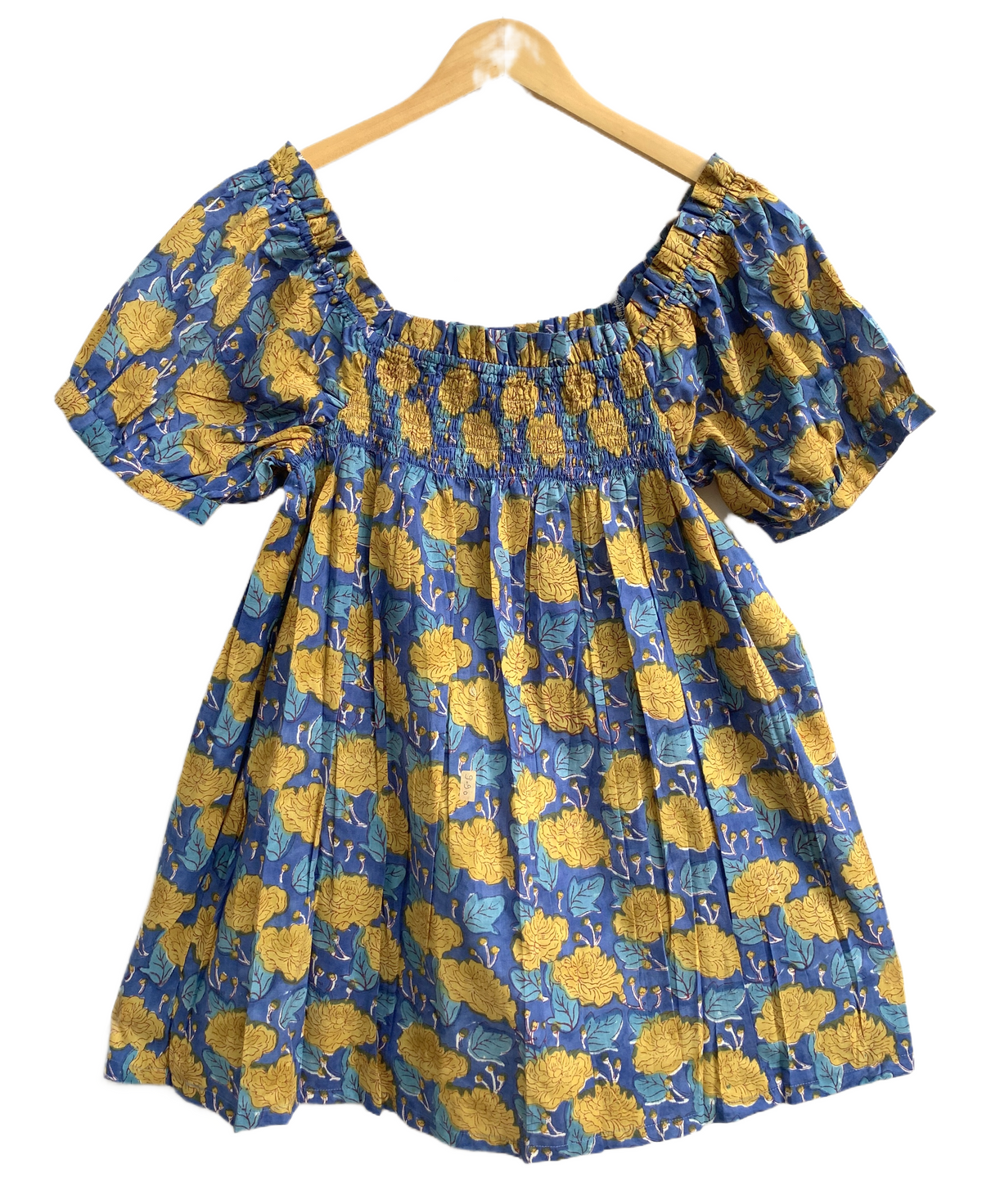 Blue Mustard Floral Cotton Pajama Set for Women, Smocked Puff Sleeve Top and Matching Pocket