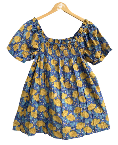 Blue Mustard Floral Cotton Pajama Set for Women, Smocked Puff Sleeve Top and Matching Pocket