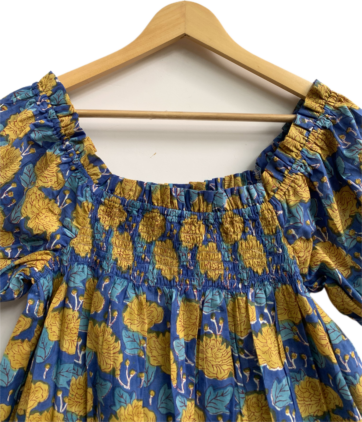 Blue Mustard Floral Cotton Pajama Set for Women, Smocked Puff Sleeve Top and Matching Pocket