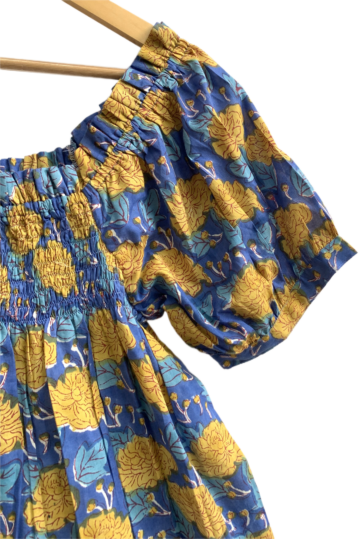 Blue Mustard Floral Cotton Pajama Set for Women, Smocked Puff Sleeve Top and Matching Pocket