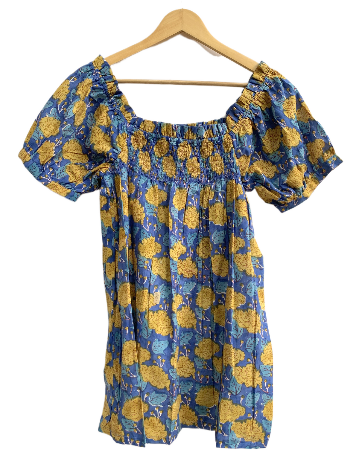 Blue Mustard Floral Cotton Pajama Set for Women, Smocked Puff Sleeve Top and Matching Pocket