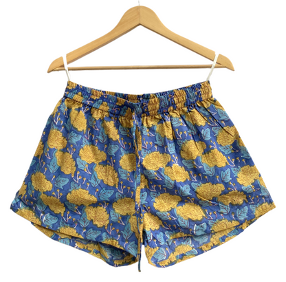Blue Mustard Floral Cotton Pajama Set for Women, Smocked Puff Sleeve Top and Matching Pocket