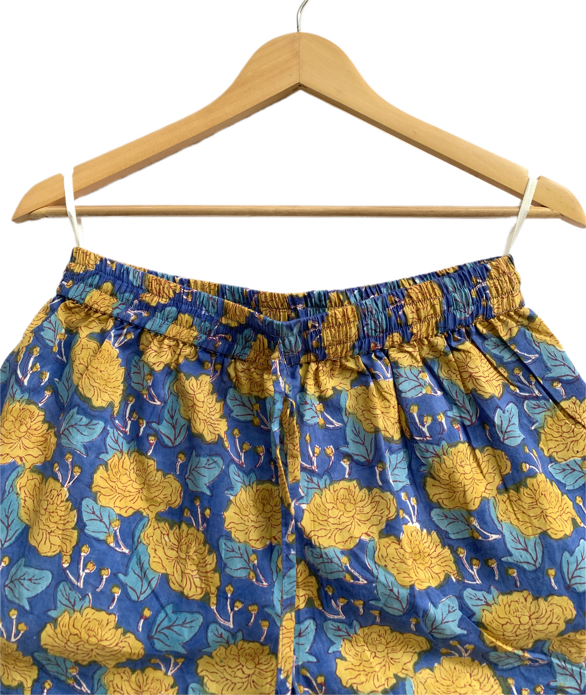 Blue Mustard Floral Cotton Pajama Set for Women, Smocked Puff Sleeve Top and Matching Pocket