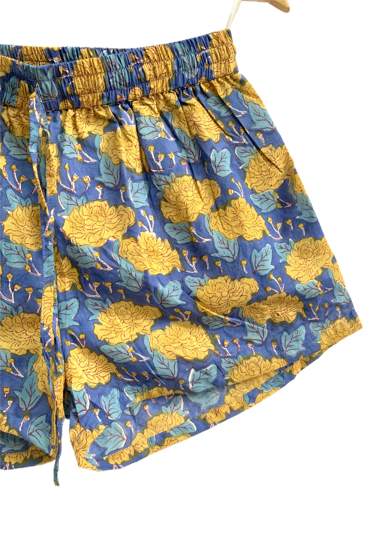 Blue Mustard Floral Cotton Pajama Set for Women, Smocked Puff Sleeve Top and Matching Pocket