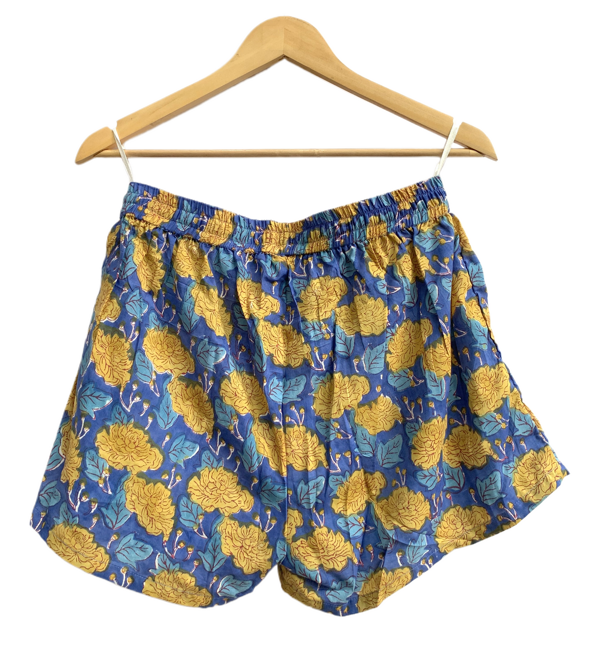 Blue Mustard Floral Cotton Pajama Set for Women, Smocked Puff Sleeve Top and Matching Pocket
