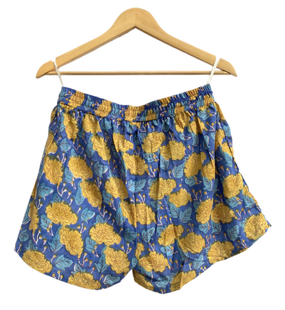 Blue Mustard Floral Cotton Pajama Set for Women, Smocked Puff Sleeve Top and Matching Pocket