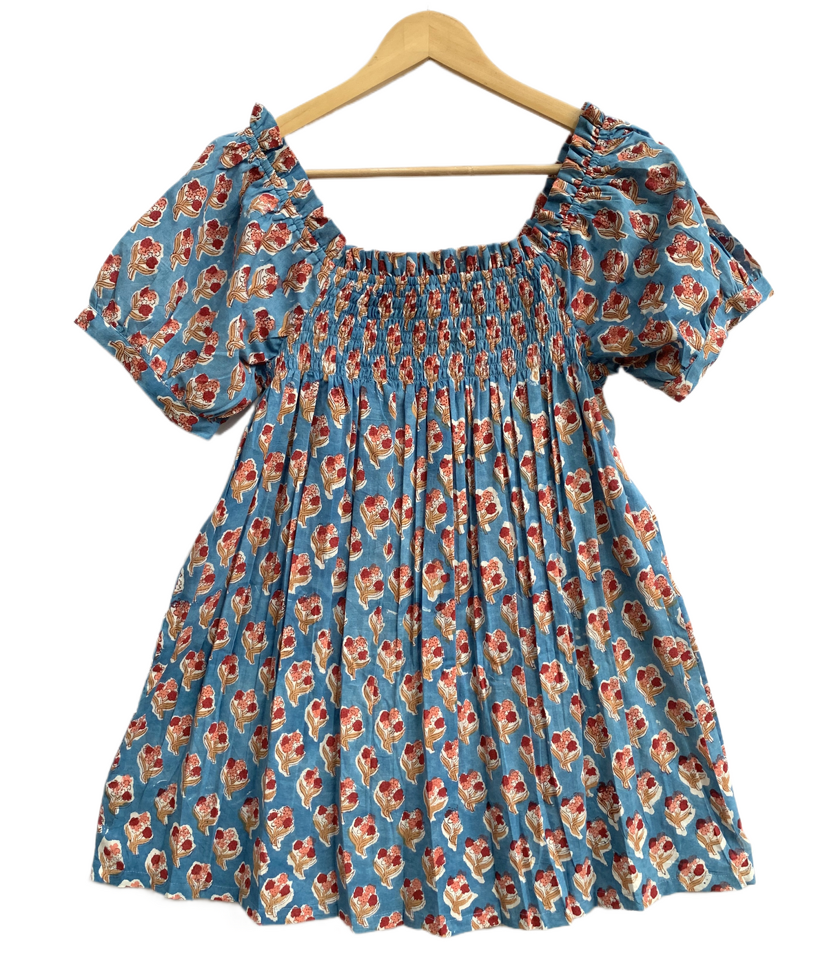 Blue Floral Cotton Pajama Set for Women, Smocked Square Neck Puff Sleeve Top with Matching Pocket