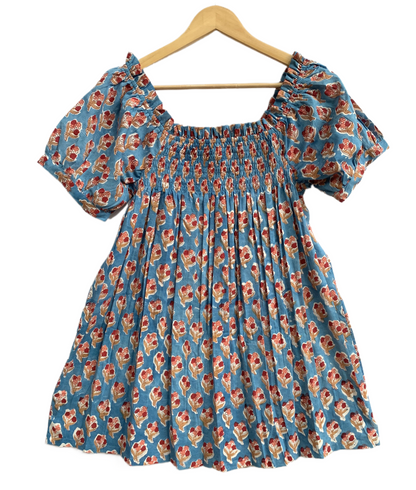 Blue Floral Cotton Pajama Set for Women, Smocked Square Neck Puff Sleeve Top with Matching Pocket