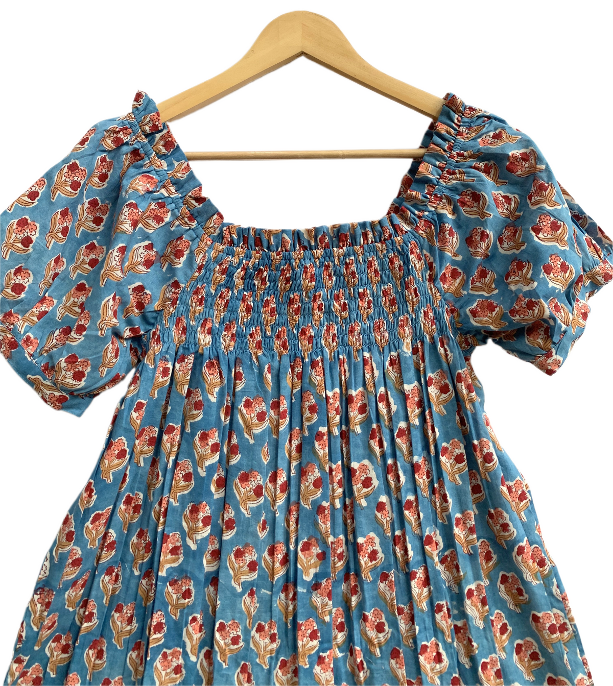 Blue Floral Cotton Pajama Set for Women, Smocked Square Neck Puff Sleeve Top with Matching Pocket