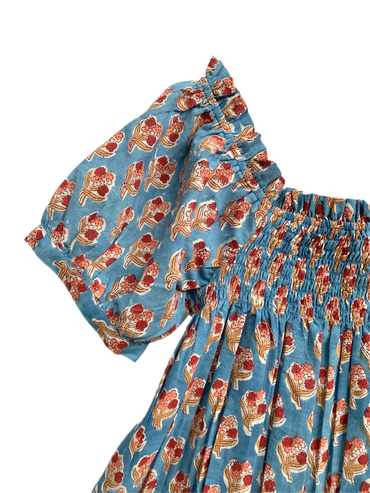 Blue Floral Cotton Pajama Set for Women, Smocked Square Neck Puff Sleeve Top with Matching Pocket