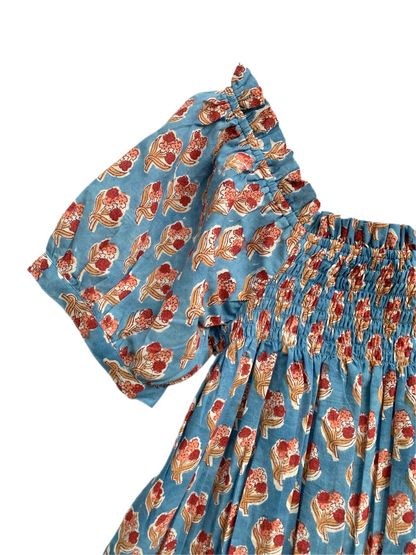 Blue Floral Cotton Pajama Set for Women, Smocked Square Neck Puff Sleeve Top with Matching Pocket