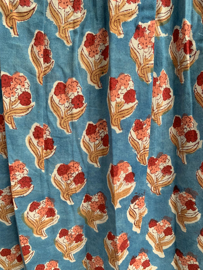 Blue Floral Cotton Pajama Set for Women, Smocked Square Neck Puff Sleeve Top with Matching Pocket