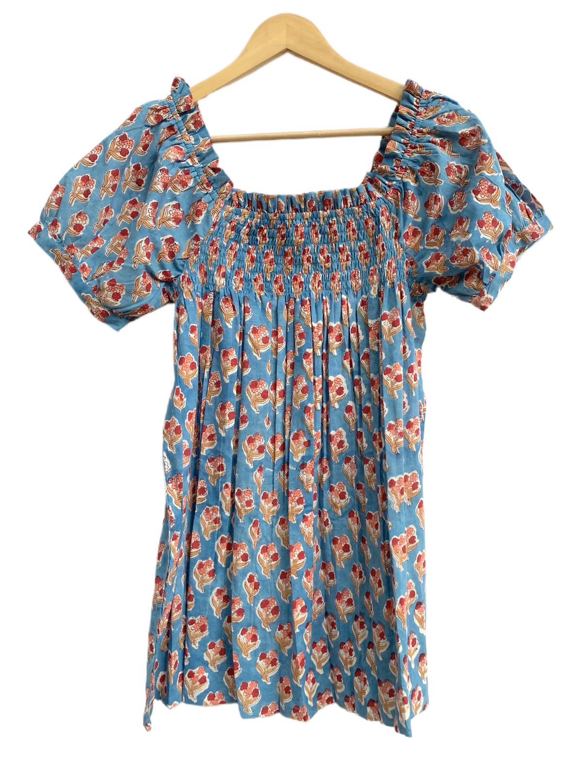 Blue Floral Cotton Pajama Set for Women, Smocked Square Neck Puff Sleeve Top with Matching Pocket