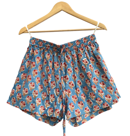 Blue Floral Cotton Pajama Set for Women, Smocked Square Neck Puff Sleeve Top with Matching Pocket