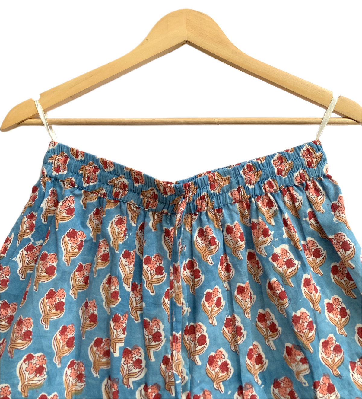 Blue Floral Cotton Pajama Set for Women, Smocked Square Neck Puff Sleeve Top with Matching Pocket
