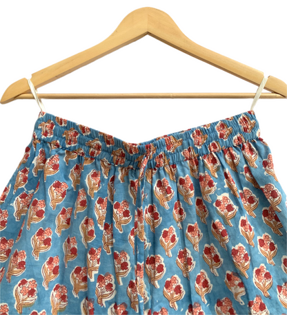 Blue Floral Cotton Pajama Set for Women, Smocked Square Neck Puff Sleeve Top with Matching Pocket