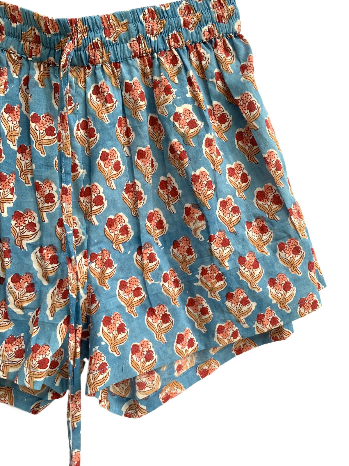 Blue Floral Cotton Pajama Set for Women, Smocked Square Neck Puff Sleeve Top with Matching Pocket