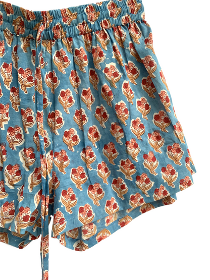 Blue Floral Cotton Pajama Set for Women, Smocked Square Neck Puff Sleeve Top with Matching Pocket