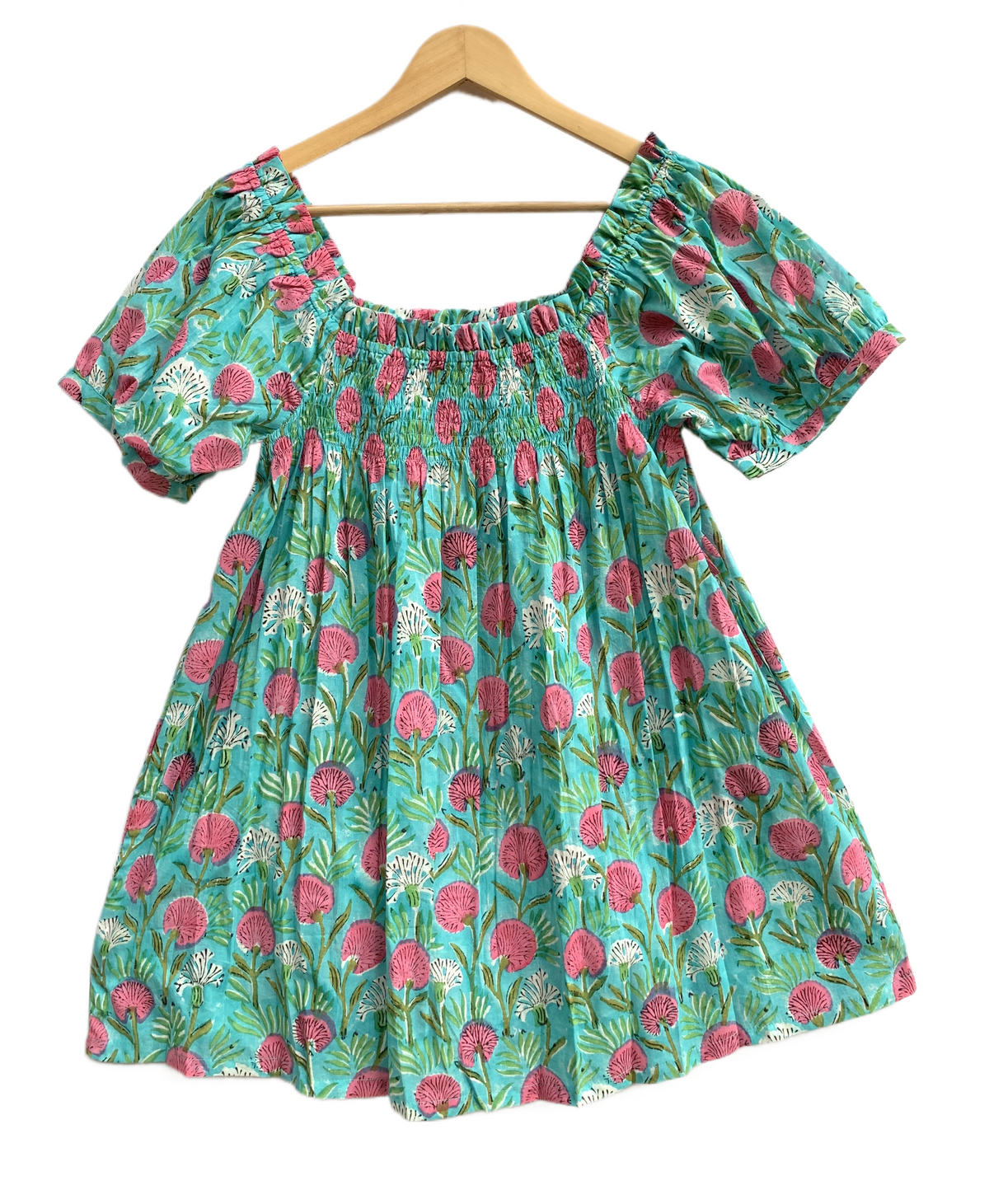 Green Floral Cotton Pajama Set with Smocked Top and Shorts