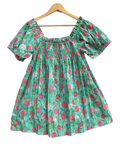 Green Floral Cotton Pajama Set with Smocked Top and Shorts