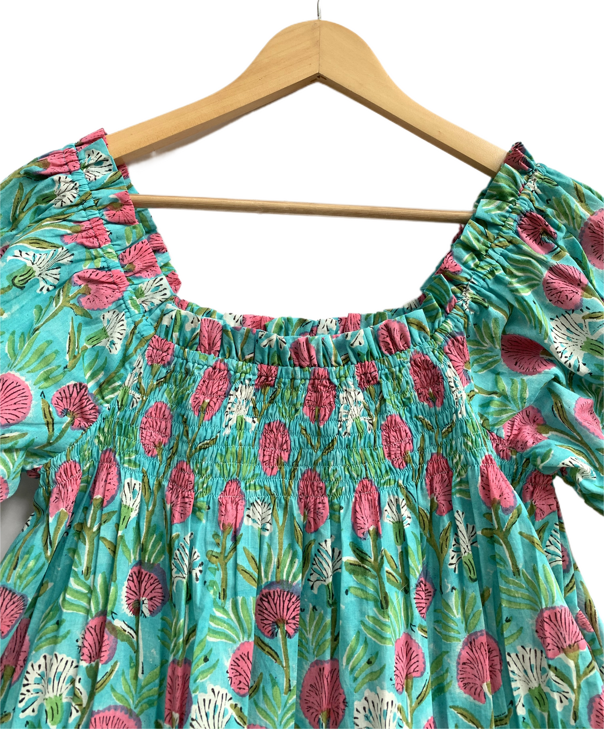 Green Floral Cotton Pajama Set with Smocked Top and Shorts