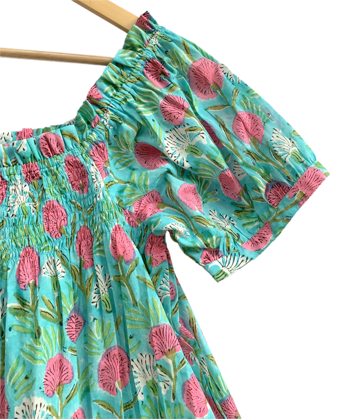 Green Floral Cotton Pajama Set with Smocked Top and Shorts