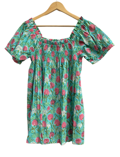 Green Floral Cotton Pajama Set with Smocked Top and Shorts
