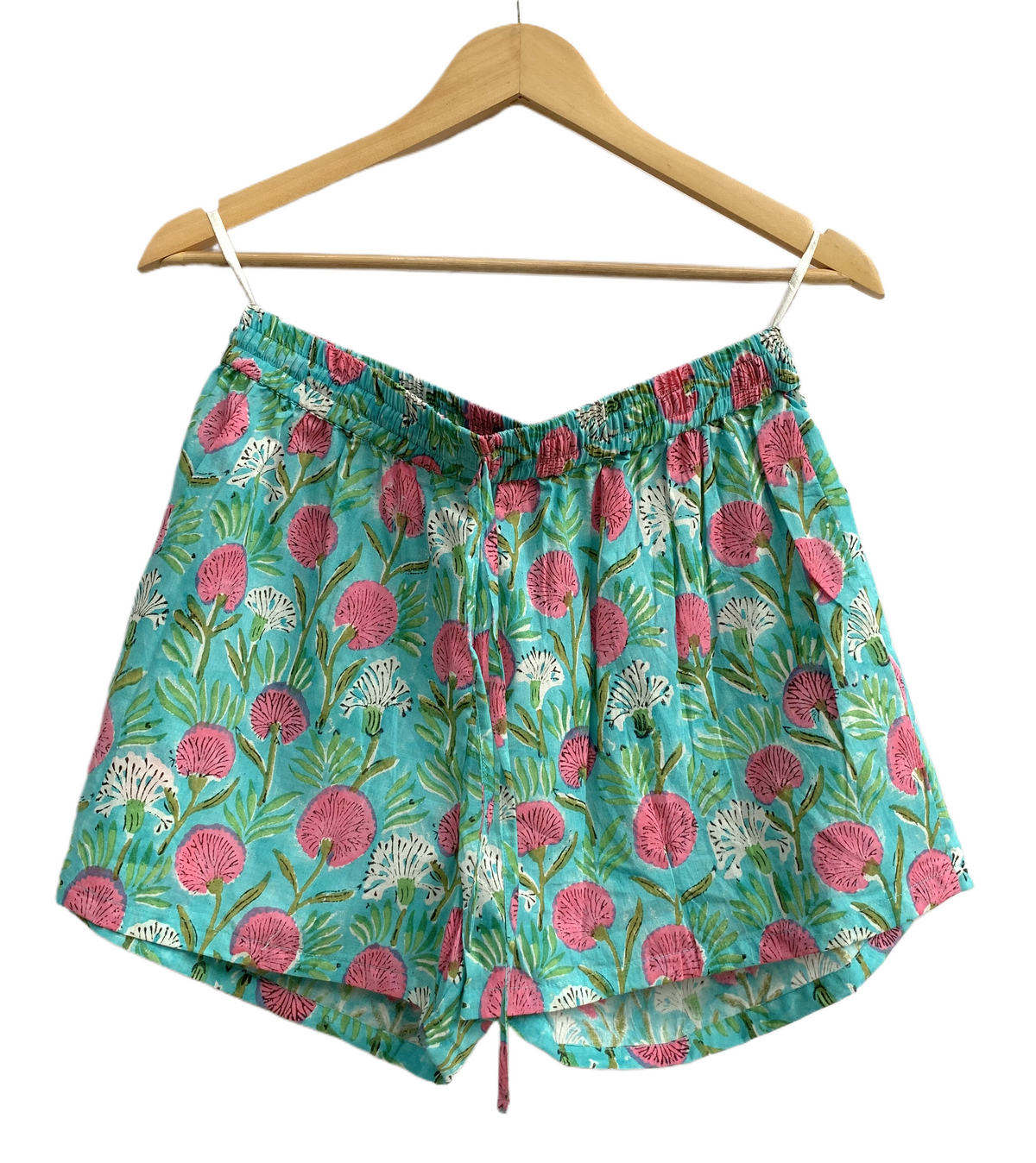 Green Floral Cotton Pajama Set with Smocked Top and Shorts