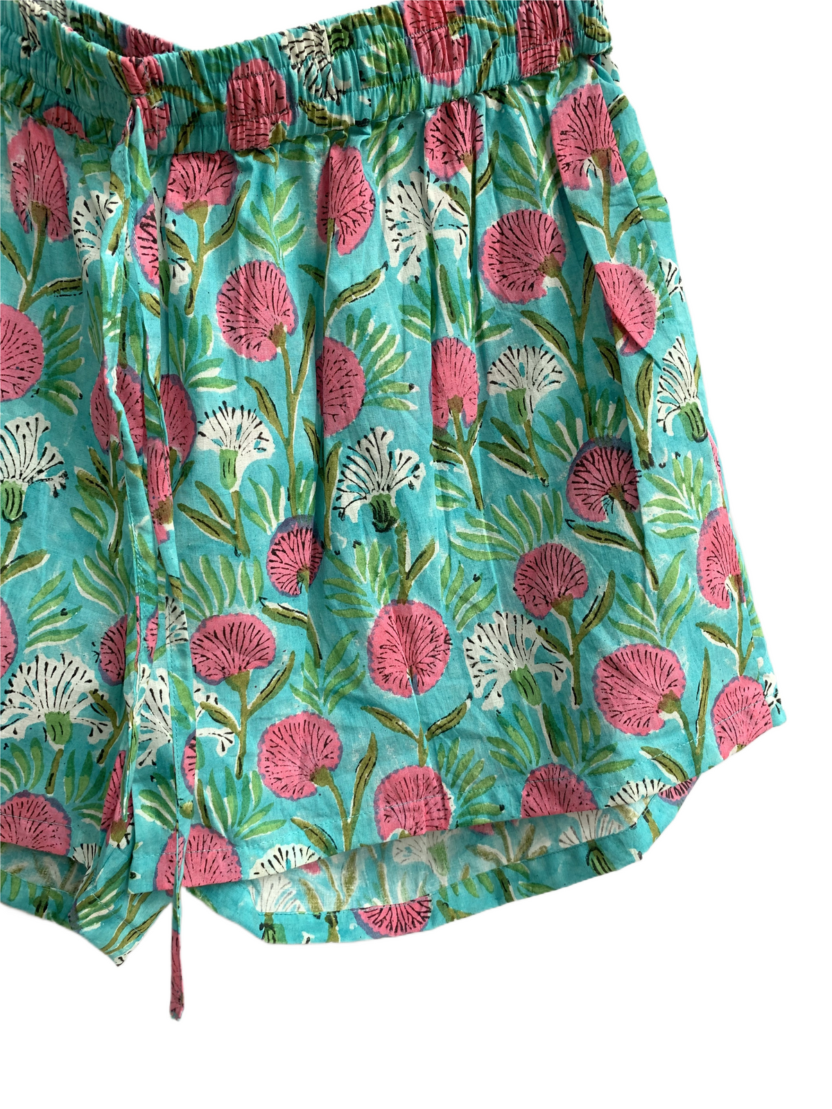 Green Floral Cotton Pajama Set with Smocked Top and Shorts