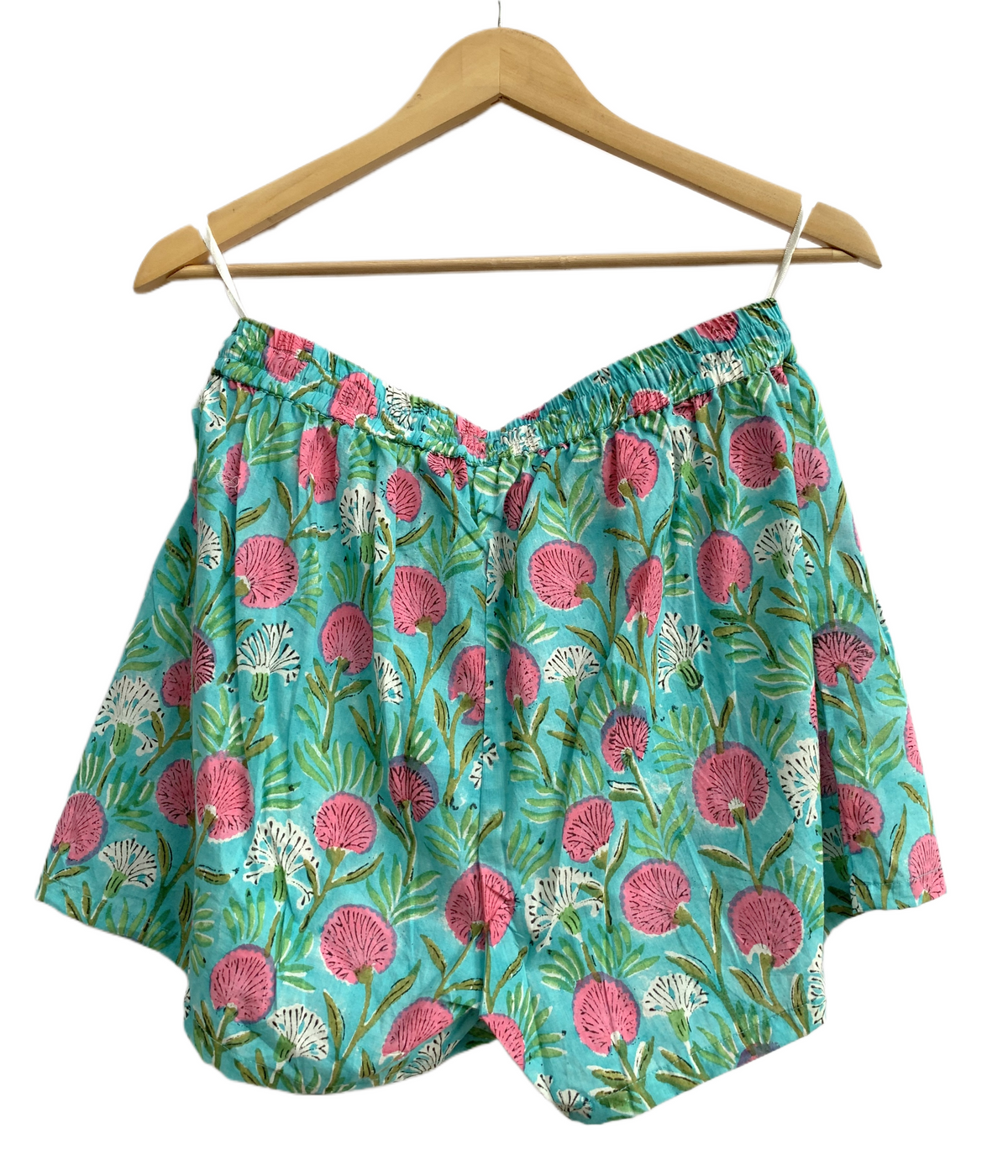 Green Floral Cotton Pajama Set with Smocked Top and Shorts