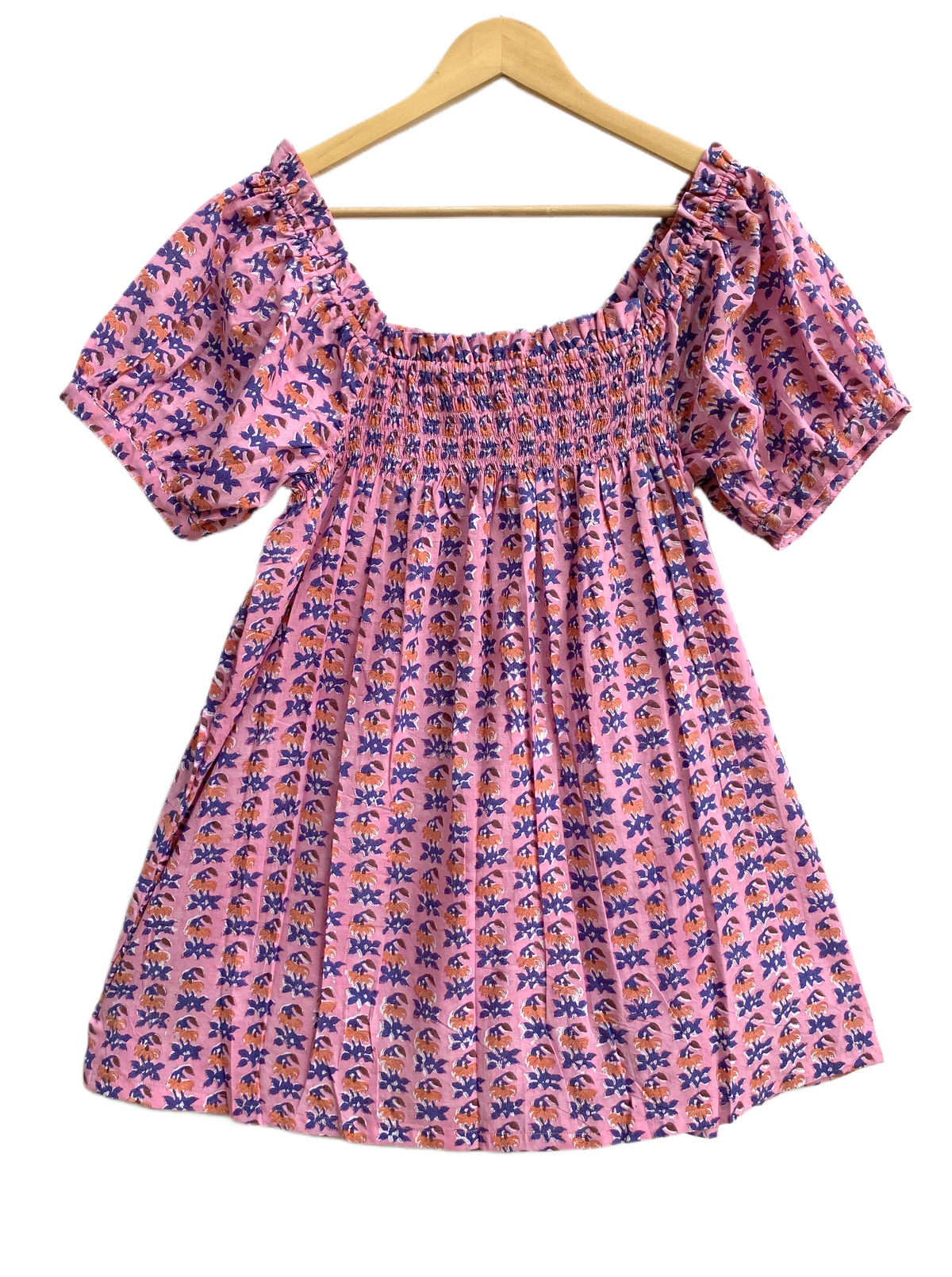 Pink Purple Floral Cotton Pajama Set for Women, Smocked Square Neck Puff Sleeve Top and Matching Drawstring Shorts, Boho Summer Lounge Set