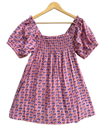 Pink Purple Floral Cotton Pajama Set for Women, Smocked Square Neck Puff Sleeve Top and Matching Drawstring Shorts, Boho Summer Lounge Set