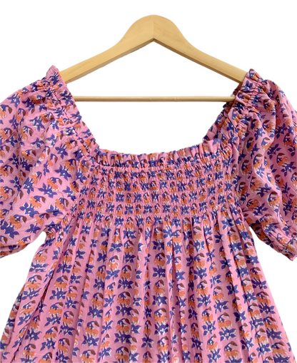 Pink Purple Floral Cotton Pajama Set for Women, Smocked Square Neck Puff Sleeve Top and Matching Drawstring Shorts, Boho Summer Lounge Set