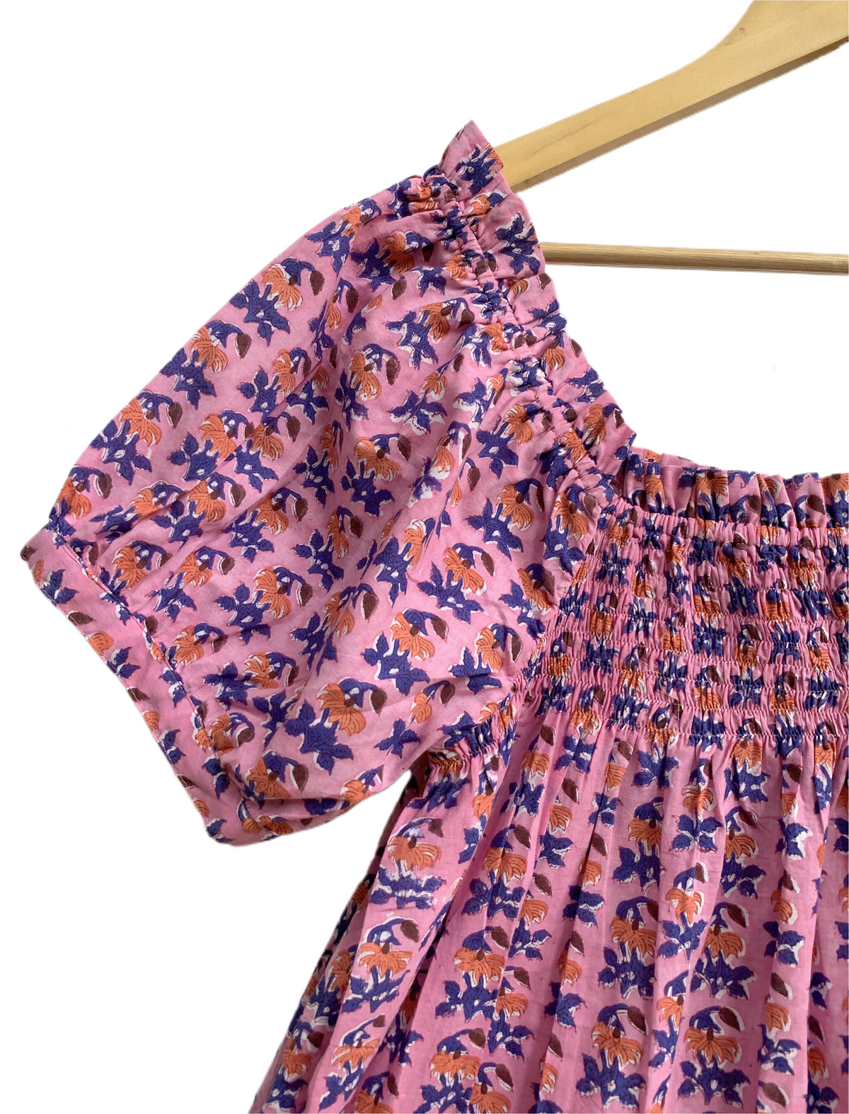 Pink Purple Floral Cotton Pajama Set for Women, Smocked Square Neck Puff Sleeve Top and Matching Drawstring Shorts, Boho Summer Lounge Set