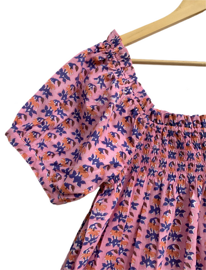 Pink Purple Floral Cotton Pajama Set for Women, Smocked Square Neck Puff Sleeve Top and Matching Drawstring Shorts, Boho Summer Lounge Set