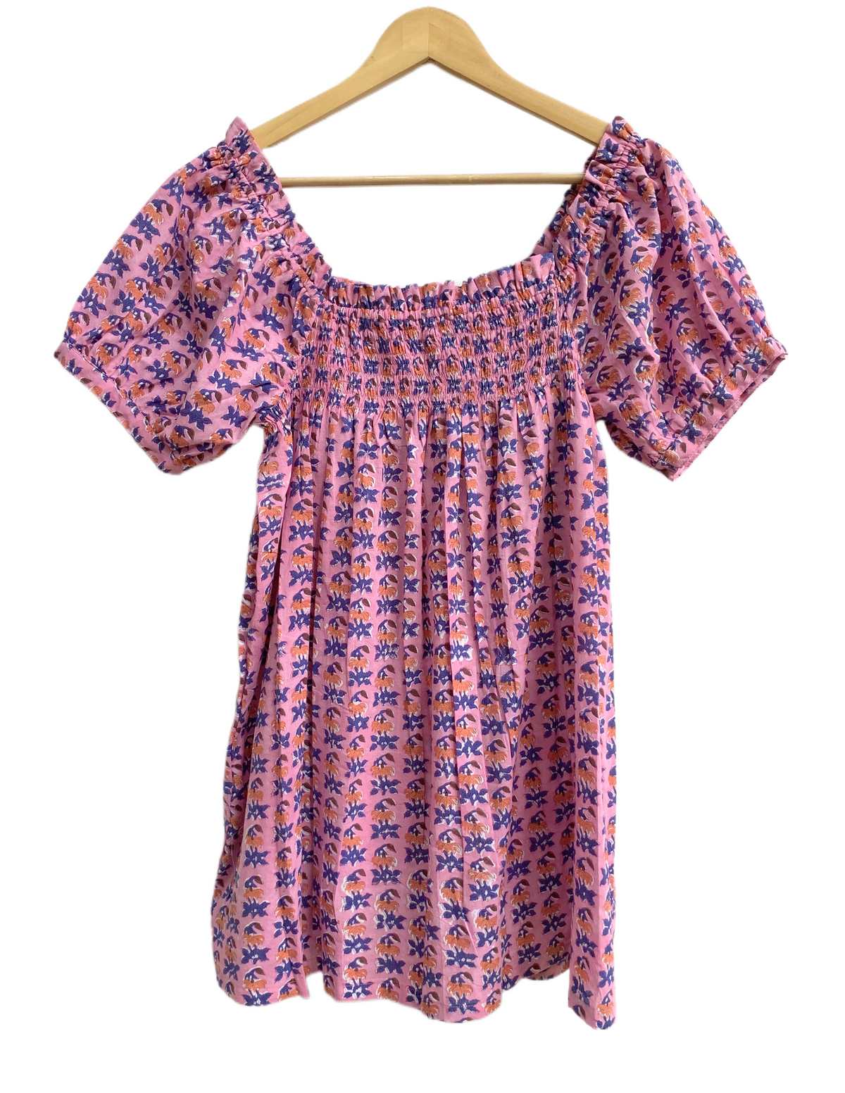 Pink Purple Floral Cotton Pajama Set for Women, Smocked Square Neck Puff Sleeve Top and Matching Drawstring Shorts, Boho Summer Lounge Set