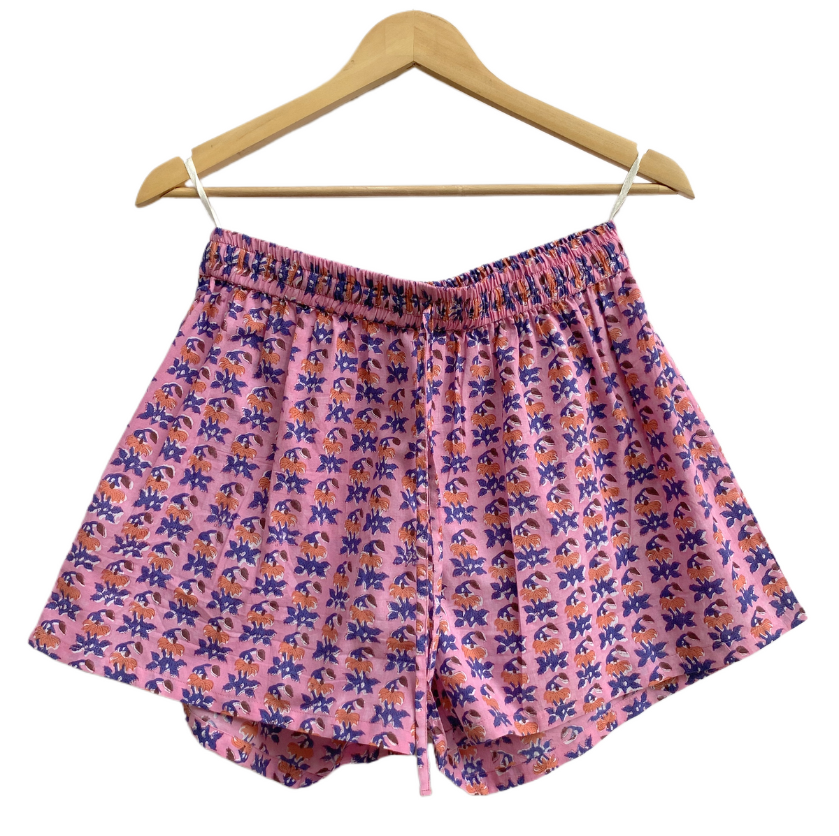 Pink Purple Floral Cotton Pajama Set for Women, Smocked Square Neck Puff Sleeve Top and Matching Drawstring Shorts, Boho Summer Lounge Set