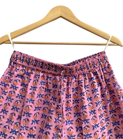 Pink Purple Floral Cotton Pajama Set for Women, Smocked Square Neck Puff Sleeve Top and Matching Drawstring Shorts, Boho Summer Lounge Set