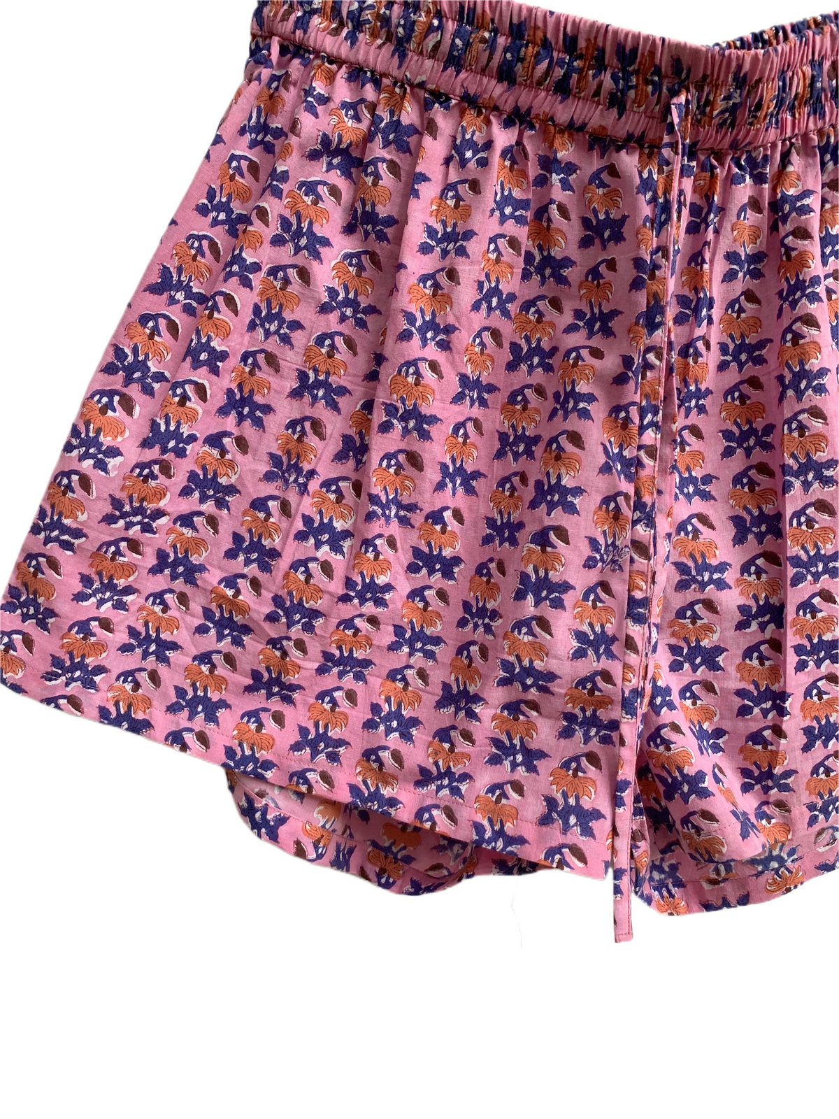 Pink Purple Floral Cotton Pajama Set for Women, Smocked Square Neck Puff Sleeve Top and Matching Drawstring Shorts, Boho Summer Lounge Set