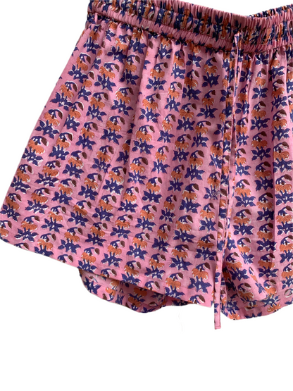 Pink Purple Floral Cotton Pajama Set for Women, Smocked Square Neck Puff Sleeve Top and Matching Drawstring Shorts, Boho Summer Lounge Set