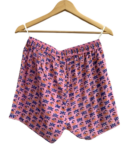 Pink Purple Floral Cotton Pajama Set for Women, Smocked Square Neck Puff Sleeve Top and Matching Drawstring Shorts, Boho Summer Lounge Set