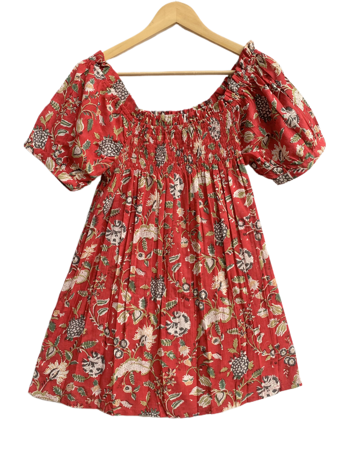Rust Red Floral Cotton Pajama Set for Women, Smocked Square Neck Puff Sleeve Top with Matching Shorts