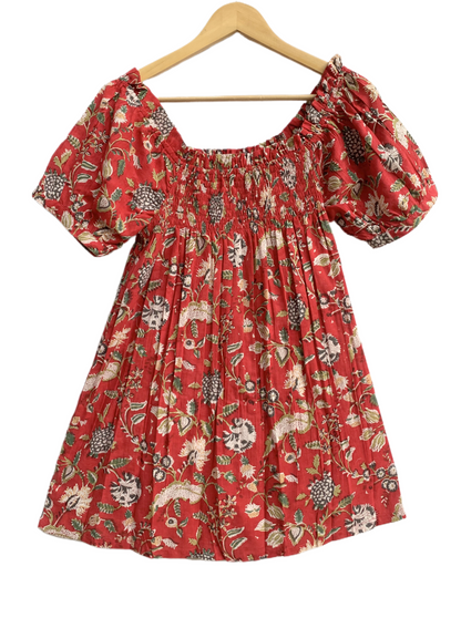 Rust Red Floral Cotton Pajama Set for Women, Smocked Square Neck Puff Sleeve Top with Matching Shorts