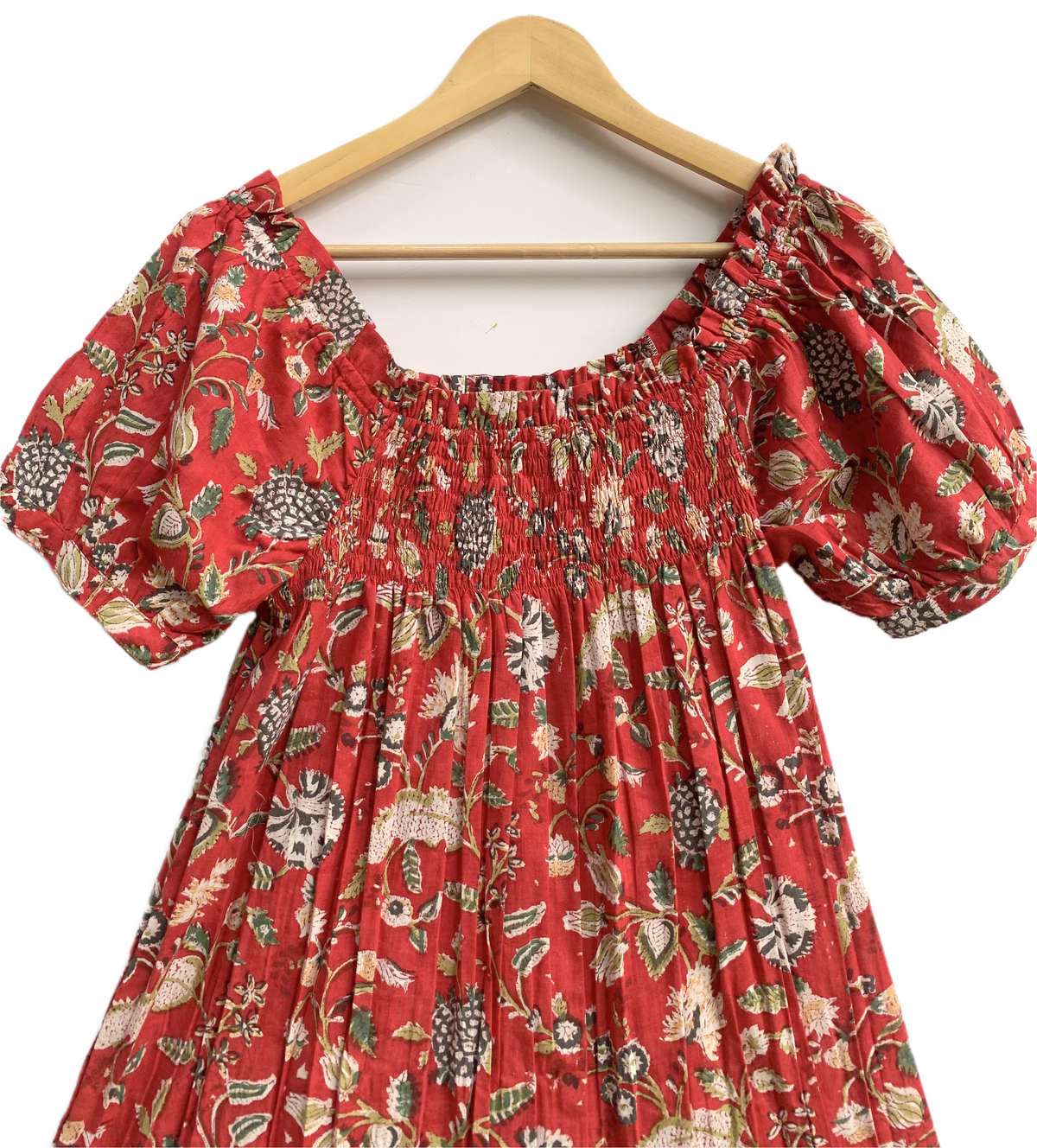 Rust Red Floral Cotton Pajama Set for Women, Smocked Square Neck Puff Sleeve Top with Matching Shorts