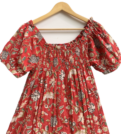 Rust Red Floral Cotton Pajama Set for Women, Smocked Square Neck Puff Sleeve Top with Matching Shorts