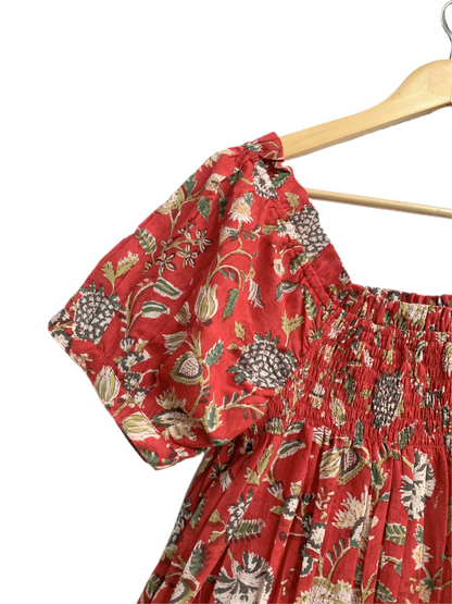Rust Red Floral Cotton Pajama Set for Women, Smocked Square Neck Puff Sleeve Top with Matching Shorts